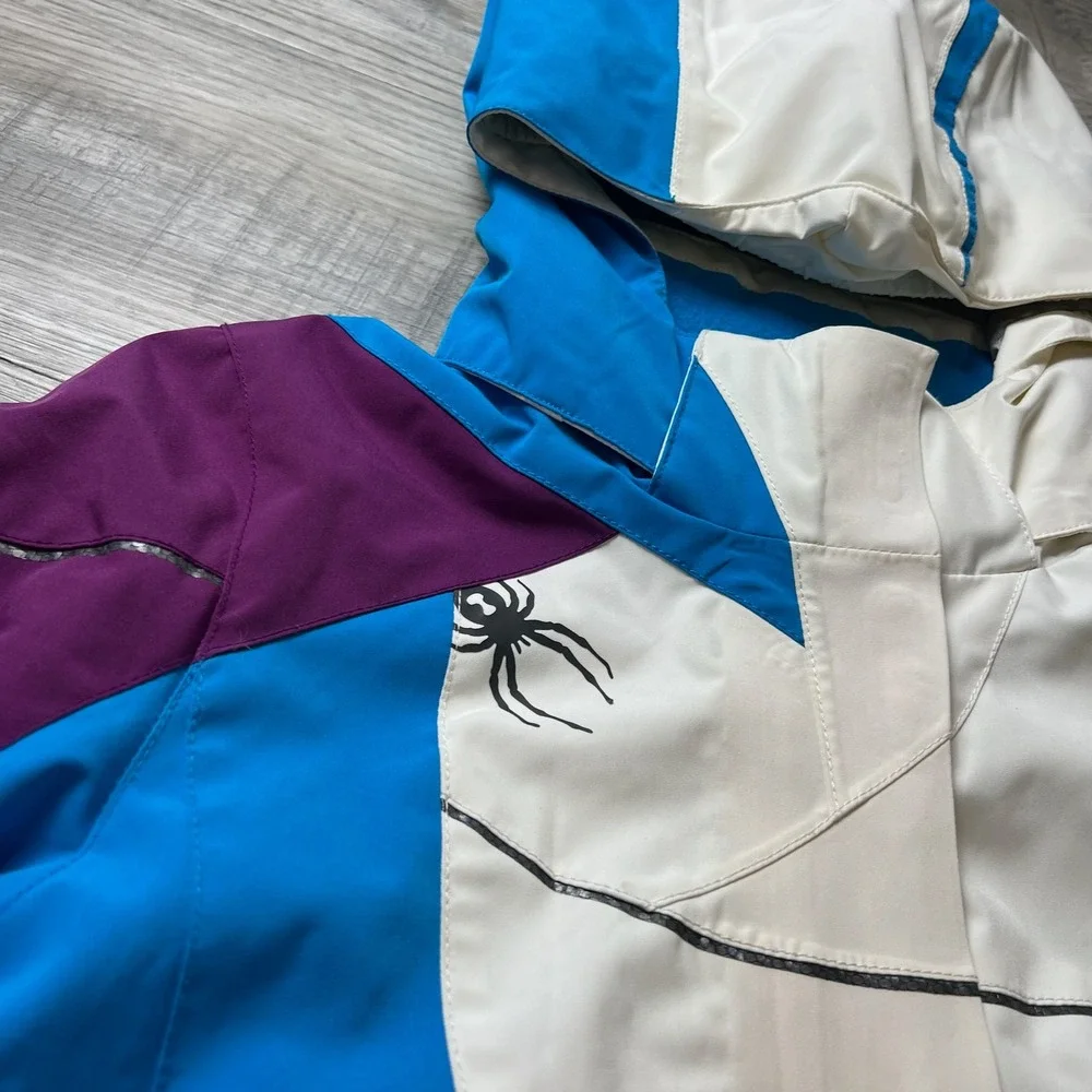 Spyder Ski Jacket Kids 16 White Blue Purple Colorblock Hooded Insulated 125204